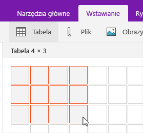 Polecenie Wstaw tabelę z wyświetloną siatką zaznaczenia