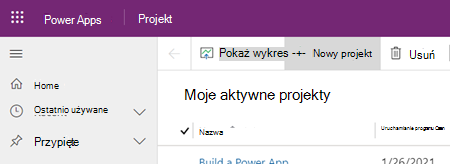 Przycisk Nowy projekt w aplikacji Project Power App