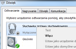 Zrzut ekranu: włączanie urządzania