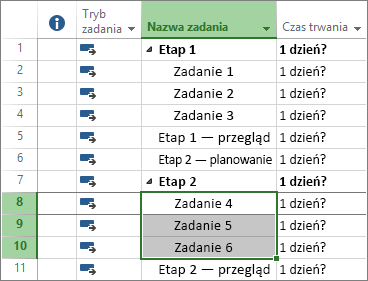 Zrzut ekranu przedstawiający konspekt zadań w planie projektu.