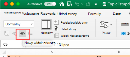 Wyświetla arkusz kalkulacyjny programu Excel