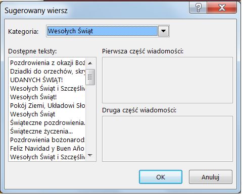 Sugerowane wiersze do kart z pozdrowieniami w programie Publisher 2013