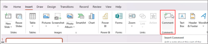 Dodawanie komentarza na wstążce programu PowerPoint.