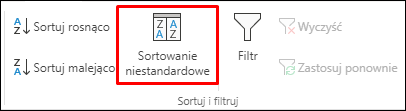 Opcja niestandardowego sortowania w programie Excel na karcie Dane