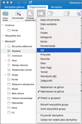 Sortuj wiadomości e-mail na różne sposoby, klikając Zorganizuj > Rozmieść według > oraz wybierając z listy opcji