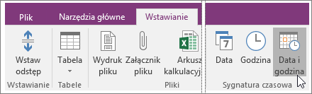 Zrzut ekranu przedstawiający przycisk Data i godzina w programie OneNote 2016.