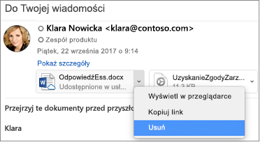 Wybierz strzałkę w dół i pozycję Usuń, aby usunąć załącznik