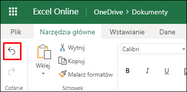 Użyj przycisku Cofnij w programie Excel dla sieci Web na karcie Narzędzia główne w celu wycofania poprzedniego sortowania