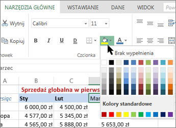 przycisk wypełnienia i opcje na Wstążce