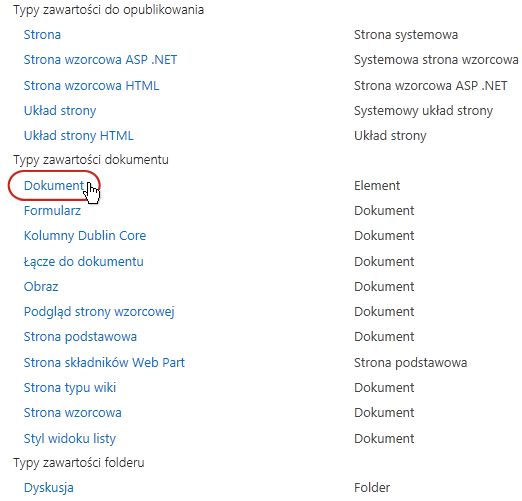 Obszar Typy zawartości dokumentu z wyróżnionym typem