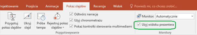 Na karcie Pokaz slajdów w programie PowerPoint znajduje się pole wyboru umożliwiające wybranie, czy widok prezentera ma być używany podczas pokazywania prezentacji innym osobom.