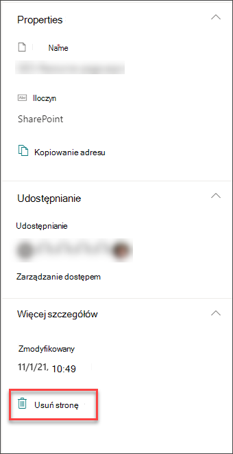 Zrzut ekranu przedstawiający opcję usuwania strony w okienku szczegółów strony