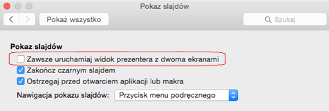 W oknie dialogowym Pokaz slajdów wyczyść pole wyboru Zawsze uruchamiaj widok prezentera z 2 wyświetlanymi obszarami.