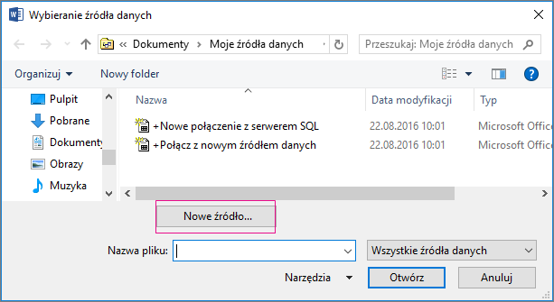 źródło danych korespondencja seryjna