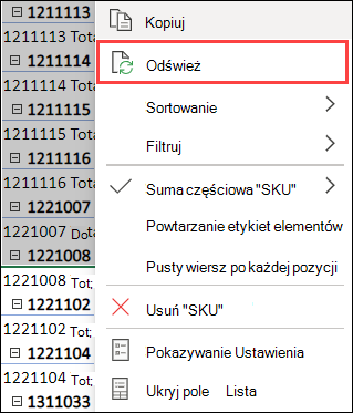 Odświeżanie tabeli przestawnej