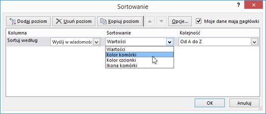 W obszarze Sortowanie wybierz odpowiednią opcję