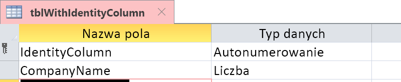 Pokazanie tej kolumny tożsamości jest identyfikowane jako pole typu Autonumerowanie