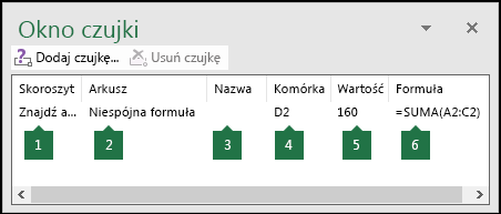 Okno czujki umożliwia łatwe monitorowanie formuł użytych w arkuszu