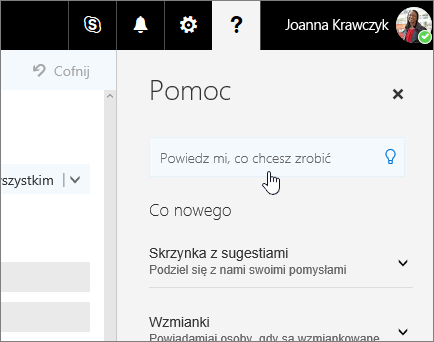 Zrzut ekranu przedstawiający okienko Pomoc w aplikacji Outlook w sieci Web z wyświetlonym polem Powiedz mi.