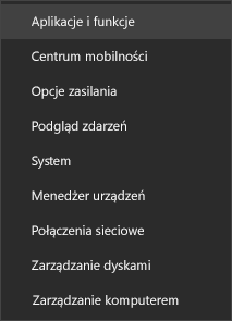 Zrzut ekranu przedstawiający menu Start z pozycją Aplikacje i funkcje