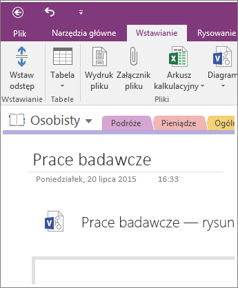 Zrzut ekranu przedstawiający wstawianie nowego diagramu programu Visio do programu OneNote 2016.