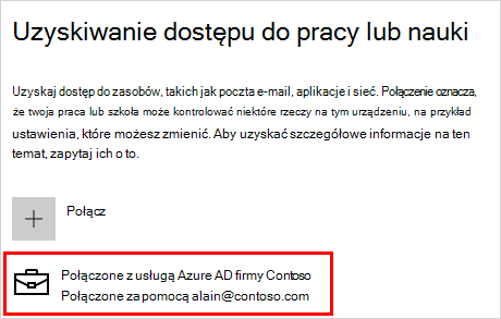 Ekran dostępu do konta służbowego z połączonym kontem contoso