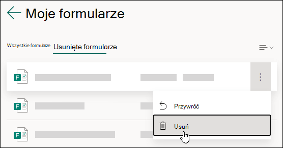 Usuwanie formularza na karcie Usunięte formularze Microsoft Forms.