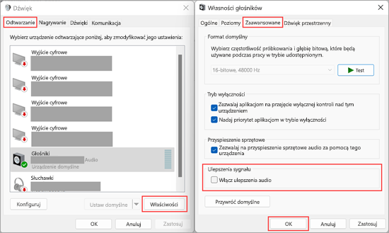 Wyłącz ulepszenia dźwięku w ustawieniach dźwięku systemu Windows 11.