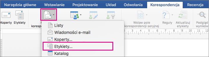 Na karcie Korespondencja wyróżniona jest opcja Rozpocznij korespondencję seryjną i Etykiety