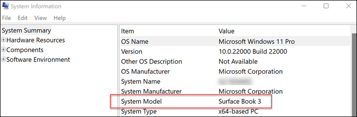 Pokazuje informacje o modelu systemowym w okienku po prawej stronie.