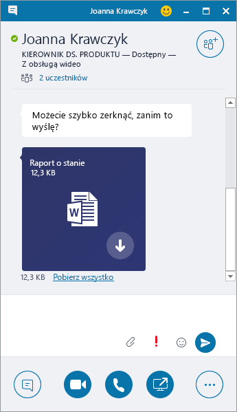 Zrzut ekranu przedstawiający okno komunikatora z przychodzącym załącznikiem.