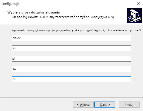 Okno dialogowe instalowania oprogramowania eSpeak