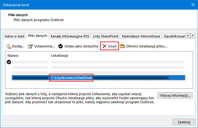 Okno dialogowe pliki danych programu Outlook