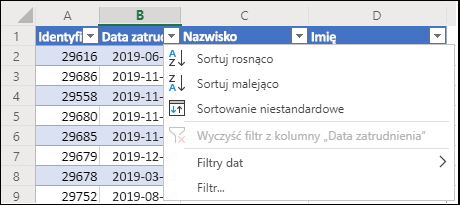 Sortowanie w kolejności rosnącej lub malejącej za pomocą filtru tabeli w programie Excel