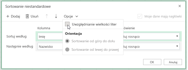 Niestandardowe okno dialogowe Sortowanie po zaznaczeniu sortowania z uwzględnieniem wielkości liter