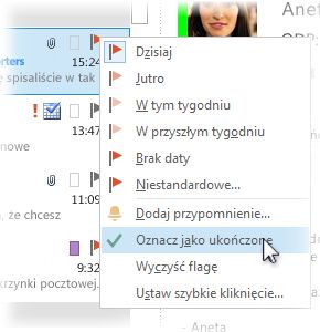 Polecenie Oznacz jako ukończone wyświetlane po kliknięciu prawym przyciskiem myszy na liście wiadomości