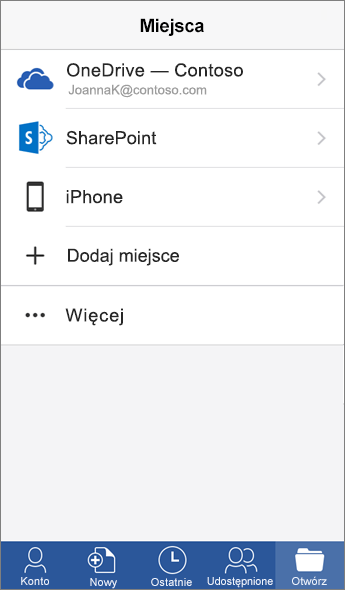 Zrzut ekranu przedstawiający ekran Miejsca w aplikacji mobilnej Word.