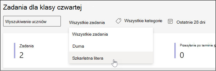 zrzut ekranu przedstawiający dostępne filtry w widoku Zadania i oceny w usłudze Szczegółowe informacje. możesz wyszukiwać według ucznia, zadania według tagu lub daty.