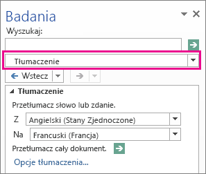 Opcja Tłumaczenie w okienku Poszukiwanie