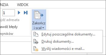 Zrzut ekranu przedstawiający kartę Korespondencja w programie Word oraz polecenie Zakończ i scal, a także jego opcje.