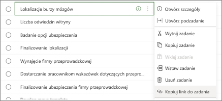 Okno dialogowe z listą zadań. Wyróżniony przycisk Kopiuj link do zadania.