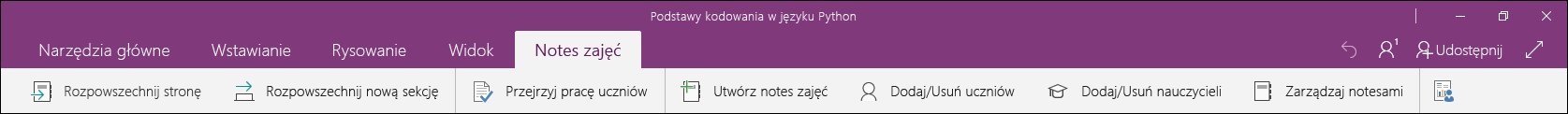 Menu karty Notes zajęć