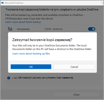 Kopia zapasowa folderu OneDrive zatrzymać kopię zapasową