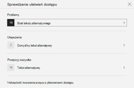 W okienku Sprawdzanie ułatwień dostępu są wyświetlane problemy z tekstem alternatywnym w swayu.