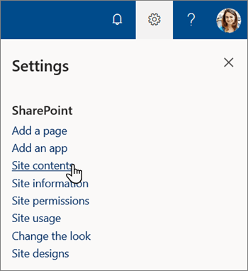 Menu Ustawienia w programie SharePoint z wyróżnionem poleceniem Zawartość witryny