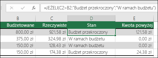 Formuła w komórce D2: =JEŻELI(C2>B2;”Budżet przekroczony”;”W ramach budżetu”)