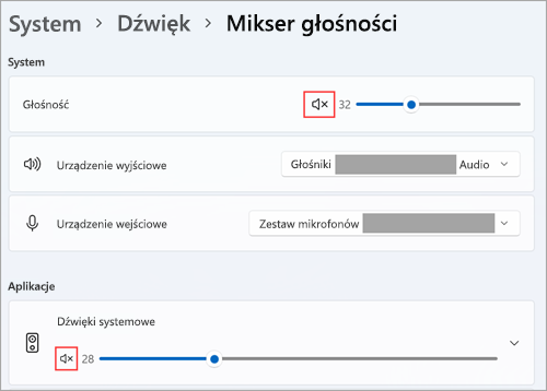 Wyświetl głośność i domyślne urządzenia audio w mikserze głośności systemu Windows 11.