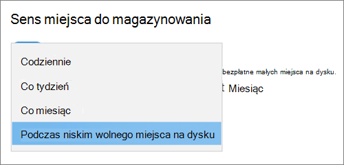 Menu rozwijane Magazyn w systemie Windows 10 z wyborem częstotliwości uruchamiania Storage Sense