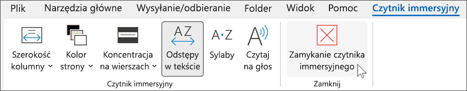 Narzędzie czytnika immersyjnego w programie Outlook z kursorem umieszczonym na pozycji "zamknij"