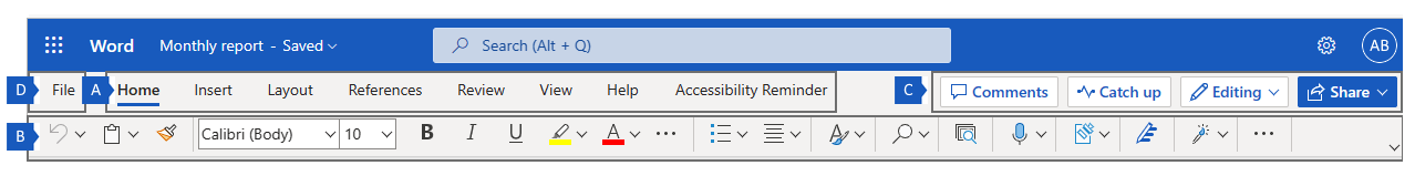 Wstążka w Word dla sieci Web z czterema głównymi regionami wstążki.